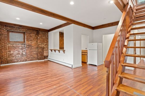 Empty room, Interior, Recessed Lighting, Stone Walls, Wood Texture Flooring