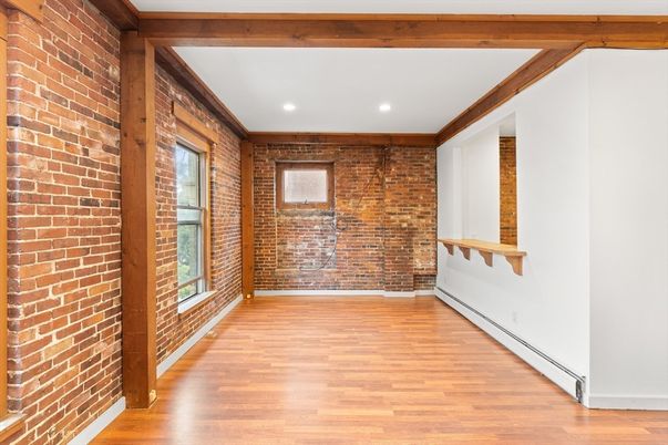 Empty room, Interior, Recessed Lighting, Stone Walls, Wooden Beams, Wood Texture Flooring