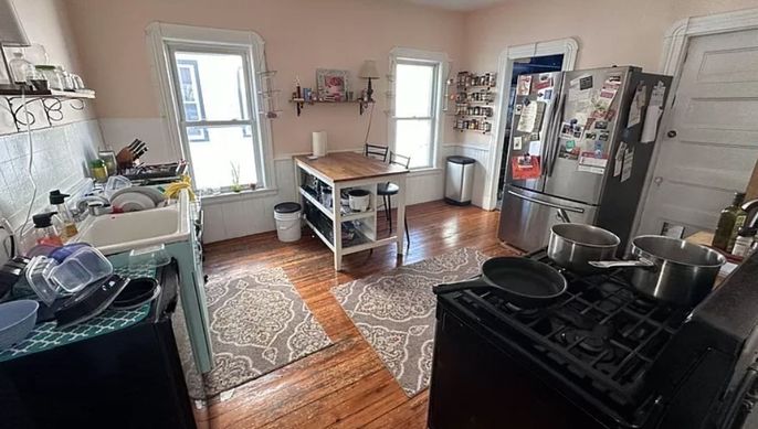 Interior, Kitchen, Tile Countertops, Wood Texture Flooring