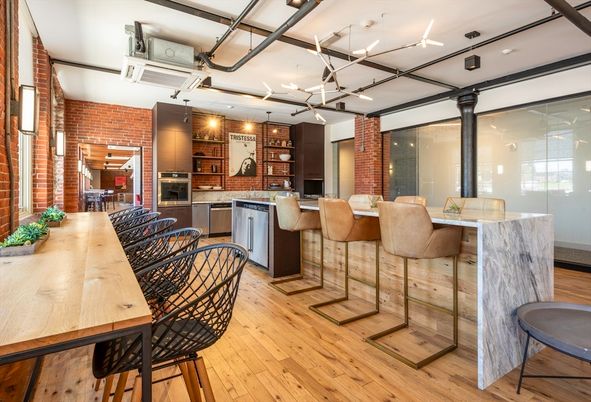 Dining room, Interior, Kitchen, Pendant Lights, Stainless Steel Appliances, Stone Walls, Wood Texture Flooring
