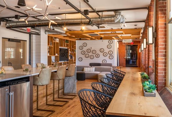 Dining room, Fireplace, Interior, Living room, Pendant Lights, Stone Walls, Wooden Beams, Wood Texture Flooring