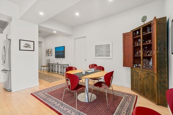 Dining room, Interior, Recessed Lighting, Wood Texture Flooring