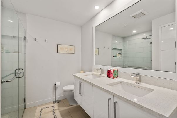 Bathroom, Dual Sink Vanities, Glass Shower, Interior, Recessed Lighting