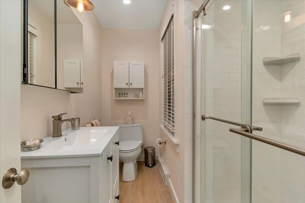 Bathroom, Glass Shower, Interior, Recessed Lighting, Wood Texture Flooring