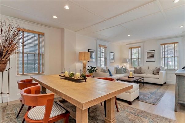 Dining room, Interior, Living room, Recessed Lighting, Wood Texture Flooring