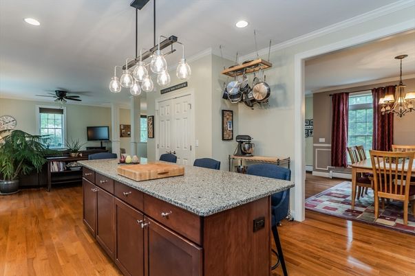 Chandelier, Dining room, Interior, Kitchen, Living room, Pendant Lights, Recessed Lighting, Wood Texture Flooring
