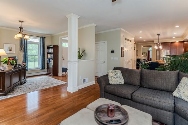 Dining room, Interior, Living room, Pendant Lights, Recessed Lighting, Wood Texture Flooring