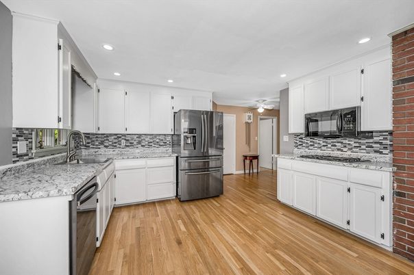 Interior, Kitchen, Recessed Lighting, Stone Walls, Wood Texture Flooring
