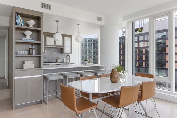 Dining room, Interior, Kitchen, Pendant Lights, Wood Texture Flooring