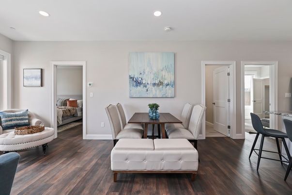 Bedroom, Dining room, Interior, Recessed Lighting, Wood Texture Flooring