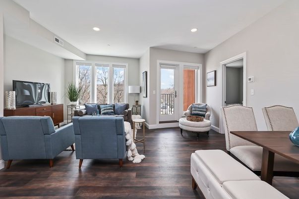 Dining room, Interior, Living room, Recessed Lighting, Wood Texture Flooring