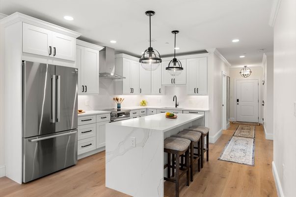 Interior, Kitchen, Pendant Lights, Recessed Lighting, Stainless Steel Appliances, Wood Texture Flooring