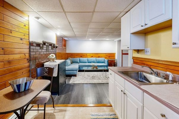 Interior, Kitchen, Living room, Recessed Lighting, Stone Walls, Wood Texture Flooring, Wooden Walls