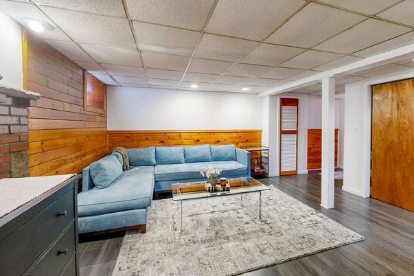 Interior, Living room, Recessed Lighting, Wood Texture Flooring, Wooden Walls