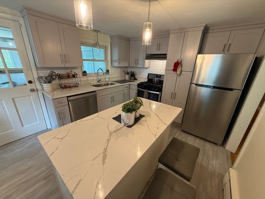 Interior, Kitchen, Pendant Lights, Stainless Steel Appliances, Wood Texture Flooring