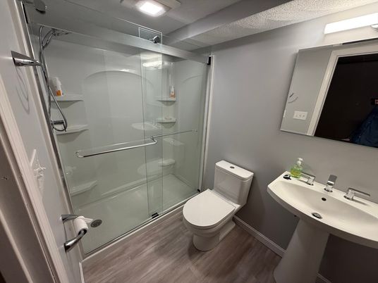 Bathroom, Glass Shower, Interior, Wood Texture Flooring