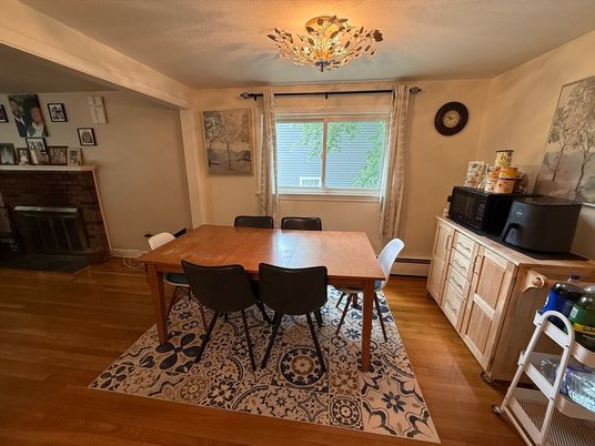 Dining room, Fireplace, Interior, Wood Texture Flooring