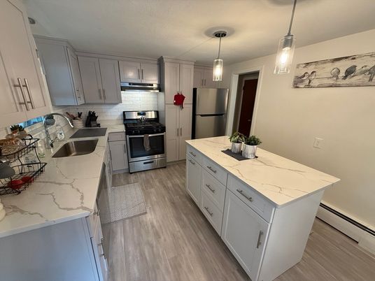 Interior, Kitchen, Pendant Lights, Stainless Steel Appliances, Wood Texture Flooring