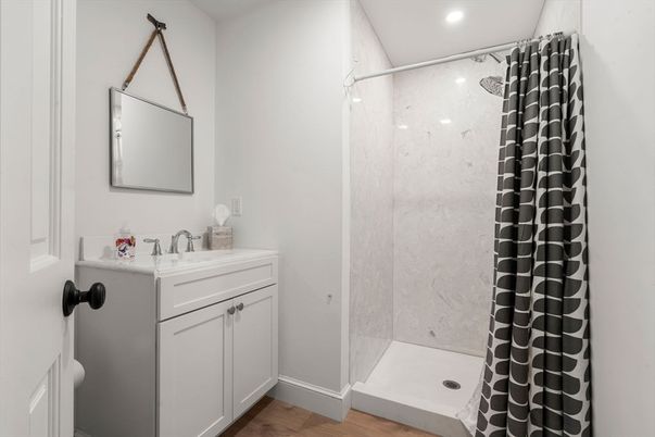 Bathroom, Interior, Recessed Lighting, Wood Texture Flooring