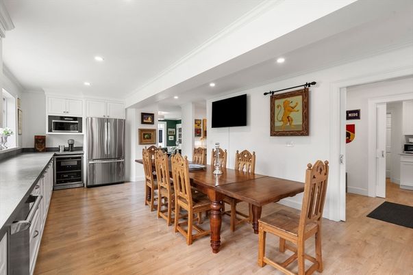Dining room, Interior, Kitchen, Recessed Lighting, Stainless Steel Appliances, Wood Texture Flooring
