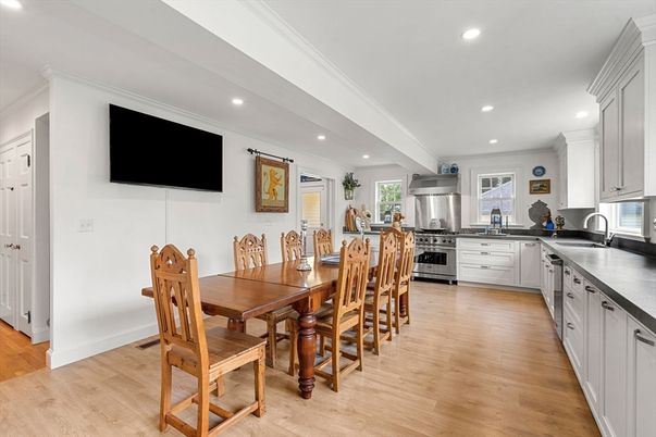 Dining room, Interior, Kitchen, Recessed Lighting, Stainless Steel Appliances, Wood Texture Flooring