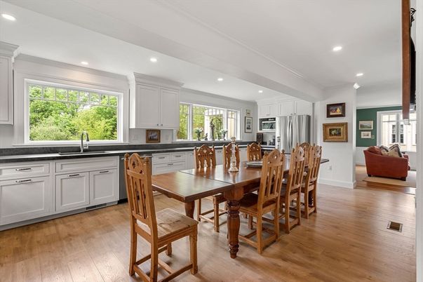 Dining room, Interior, Kitchen, Recessed Lighting, Stainless Steel Appliances, Wood Texture Flooring
