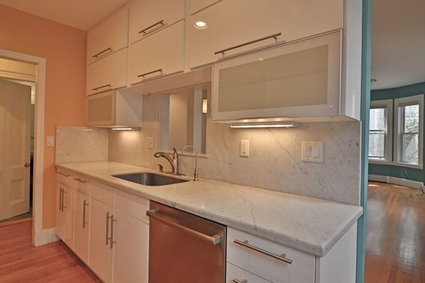 Interior, Kitchen, Marble Walls, Recessed Lighting, Wood Texture Flooring
