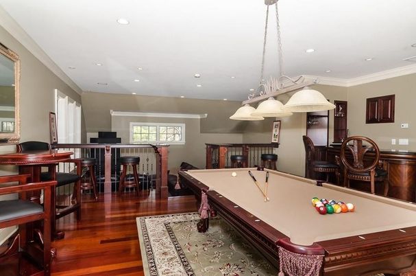 Billiard Table, Chandelier, Game Room, Interior, Recessed Lighting, Wood Texture Flooring