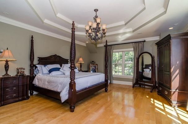 Bedroom, Chandelier, Interior, Recessed Lighting, Wood Texture Flooring