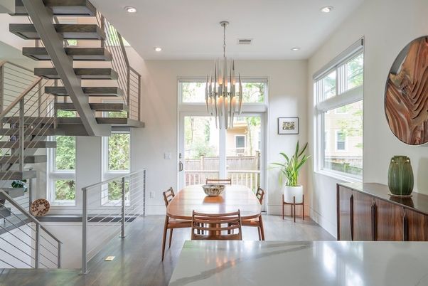Dining room, Interior, Pendant Lights, Recessed Lighting, Wood Texture Flooring