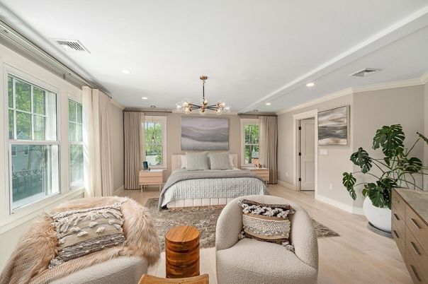 Bedroom, Interior, Pendant Lights, Recessed Lighting, Wood Texture Flooring