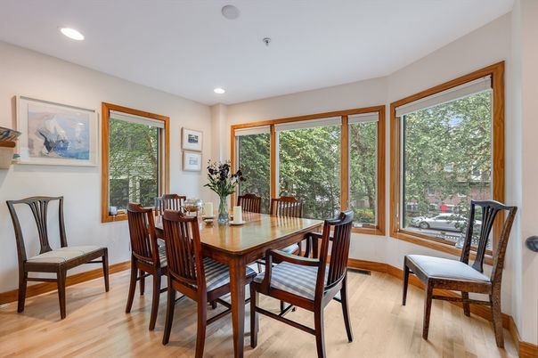 Dining room, Interior, Recessed Lighting, Wood Texture Flooring