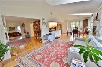 Dining room, Fireplace, Interior, Living room, Recessed Lighting, Wood Texture Flooring