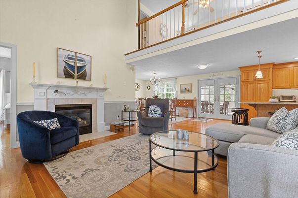 Fireplace, Interior, Living room, Pendant Lights, Wood Texture Flooring