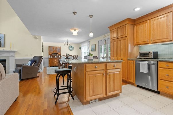Chandelier, Dining room, Fireplace, Interior, Kitchen, Living room, Pendant Lights, Recessed Lighting, Wood Texture Flooring