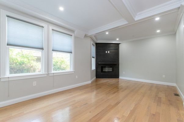 Empty room, Fireplace, Interior, Recessed Lighting, Wood Texture Flooring