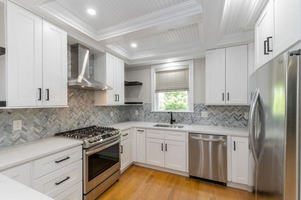 Interior, Kitchen, Recessed Lighting, Stainless Steel Appliances, Wood Texture Flooring
