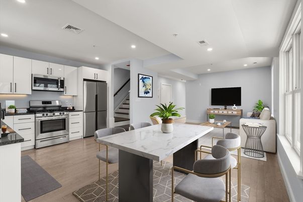 Interior, Kitchen, Recessed Lighting, Stainless Steel Appliances, Wood Texture Flooring