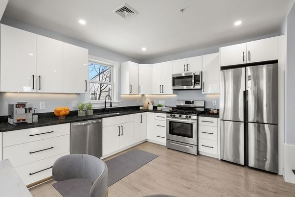 Interior, Kitchen, Recessed Lighting, Stainless Steel Appliances, Wood Texture Flooring