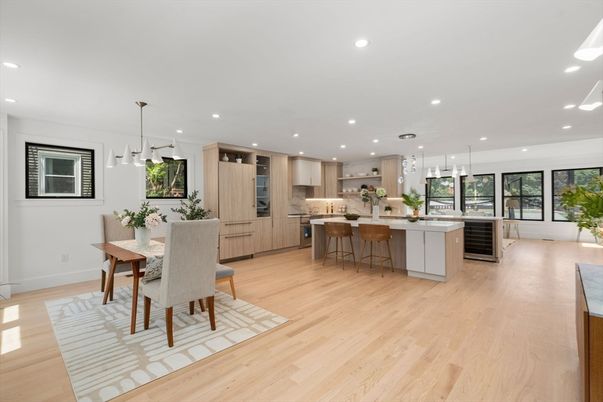Dining room, Interior, Kitchen, Pendant Lights, Recessed Lighting, Stainless Steel Appliances, Wood Texture Flooring