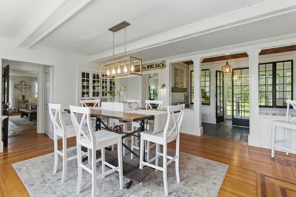 Dining room, Interior, Pendant Lights, Wood Texture Flooring