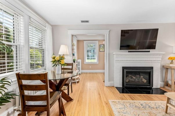 Dining room, Fireplace, Interior, Wood Texture Flooring