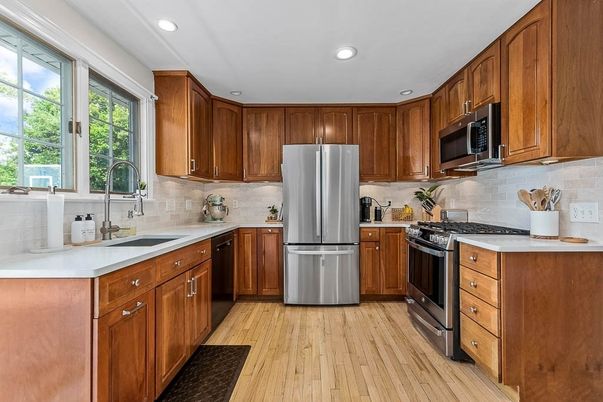 Interior, Kitchen, Recessed Lighting, Stainless Steel Appliances, Wood Texture Flooring