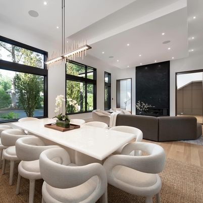 Dining room, Interior, Living room, Pendant Lights, Recessed Lighting, Wood Texture Flooring
