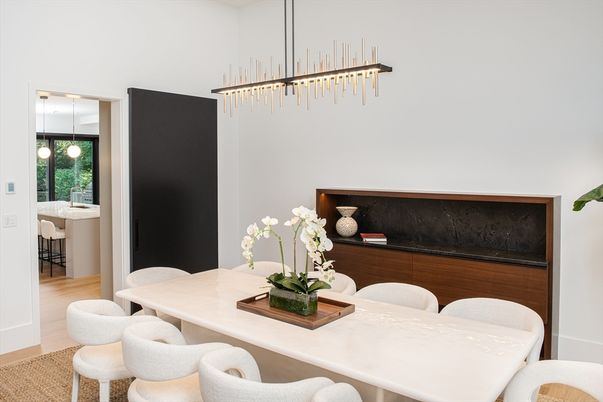 Dining room, Interior, Pendant Lights, Wood Texture Flooring