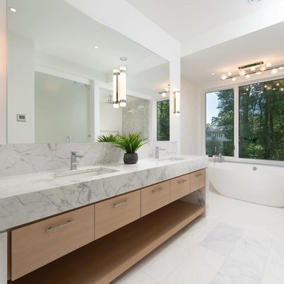 Bathroom, Dual Sink Vanities, Free Standing Baths, Interior, Marble, Marble Walls, Recessed Lighting