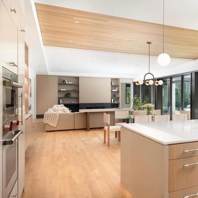Dining room, Interior, Kitchen, Living room, Pendant Lights, Recessed Lighting, Stainless Steel Appliances, Wooden Ceilings, Wood Texture Flooring