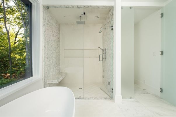 Bathroom, Free Standing Baths, Glass Shower, Interior, Marble
