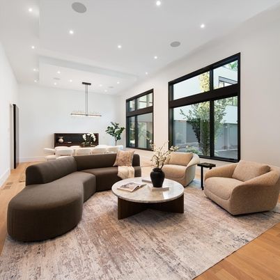 Dining room, Interior, Living room, Pendant Lights, Recessed Lighting, Wood Texture Flooring