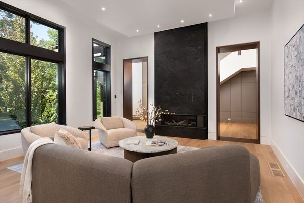 Fireplace, Interior, Living room, Recessed Lighting, Wood Texture Flooring
